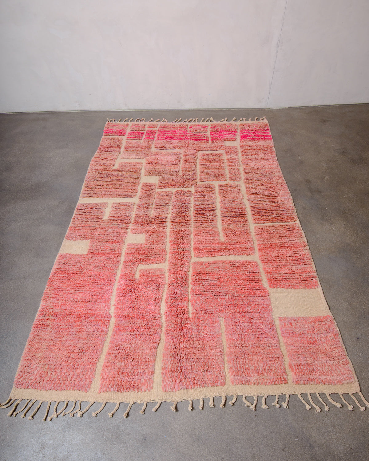 Modern, designer, handcrafted Berber rug from Morocco. Vintage carpet with beautiful colours and patterns and fluffy texture.